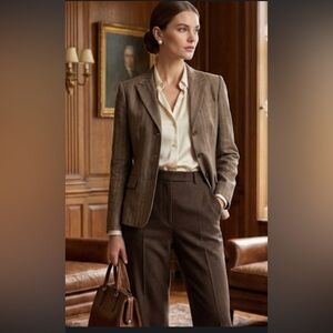 Le Suit Brown Linen Cotton Blend Three Button Striped Blazer Size 6